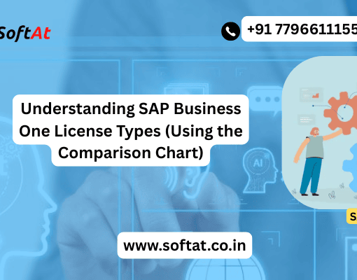 Comparison chart showing SAP Business One license types including Professional, Financial, Logistics, and CRM Sales licenses